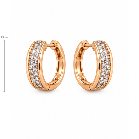 Auksiniai platūs auskarai lankeliai su cirkoniais – 13 mm