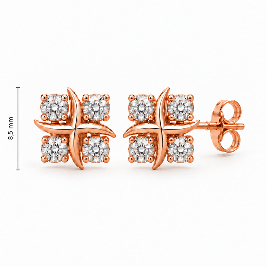 Raudono aukso auskarai vinukai su keturiais cirkoniais – 8.5 mm aukštis