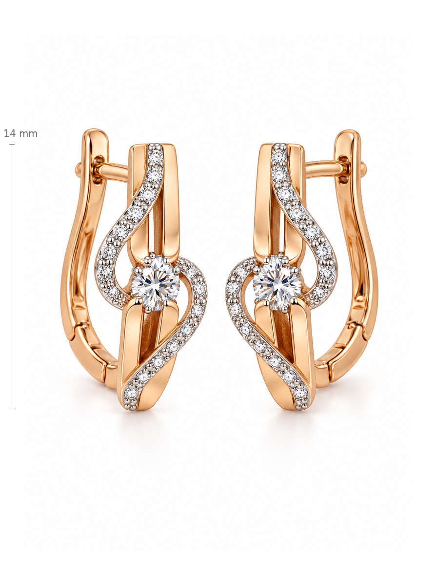 Auksiniai smailėjantys auskarai su apvaliais cirkoniais – 14 mm