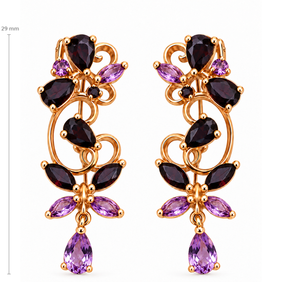 Auksiniai ilgi auskarai su juodais ir violetiniais cirkoniais – 29 mm