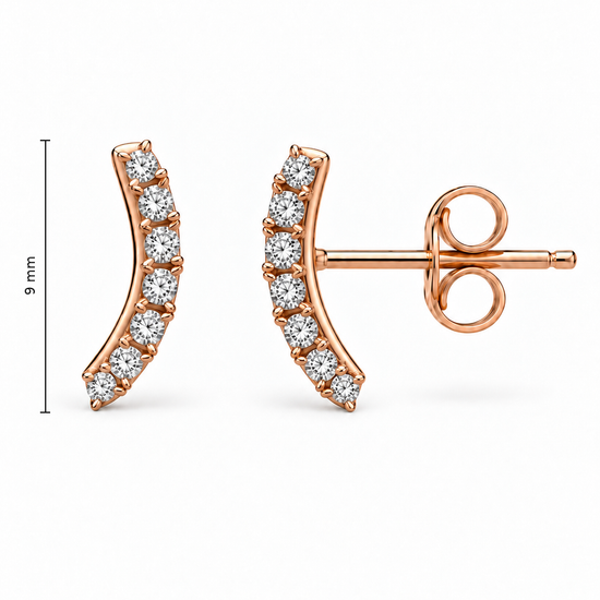 Auksiniai auskarai su cirkoniais – lenkti vinukai su cirkonių eile – 9.0 mm aukštis