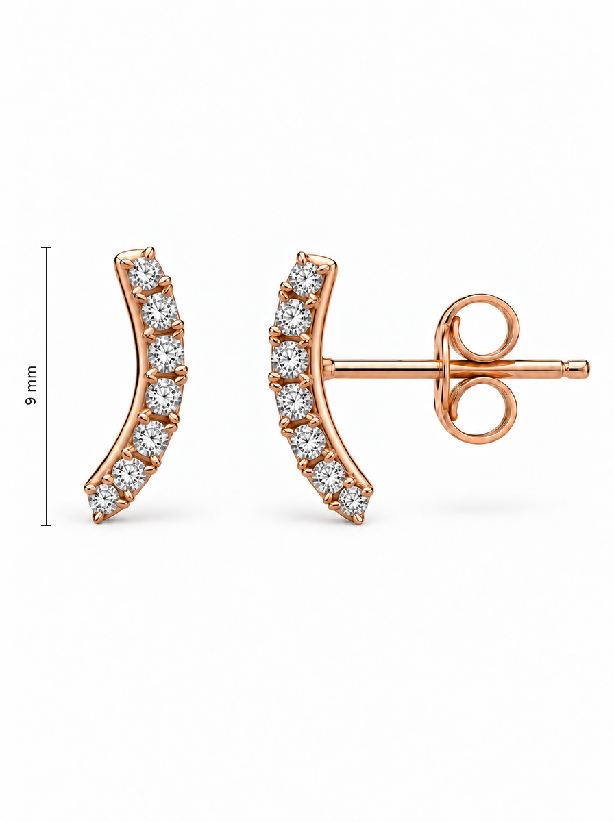 Auksiniai auskarai su cirkoniais – lenkti vinukai su cirkonių eile – 9.0 mm aukštis