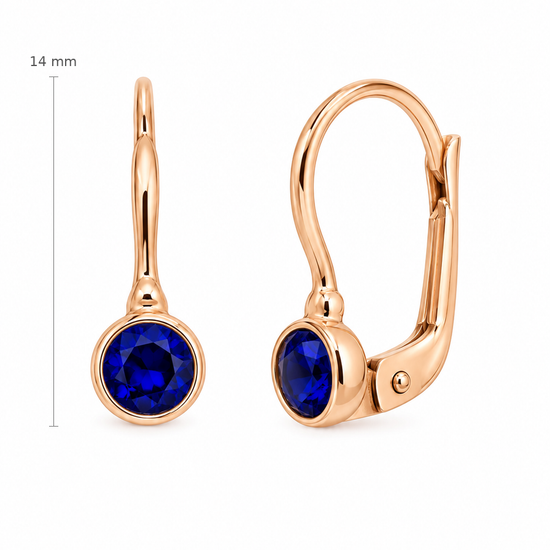 585 prabos auksiniai auskarai su mėlynu cirkoniu – dydis 14 mm