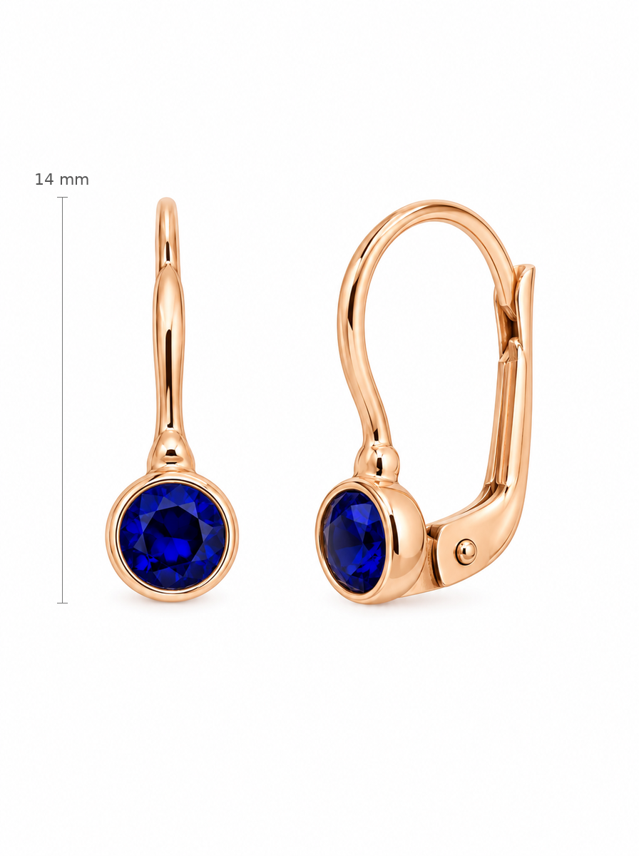 585 prabos auksiniai auskarai su mėlynu cirkoniu – dydis 14 mm