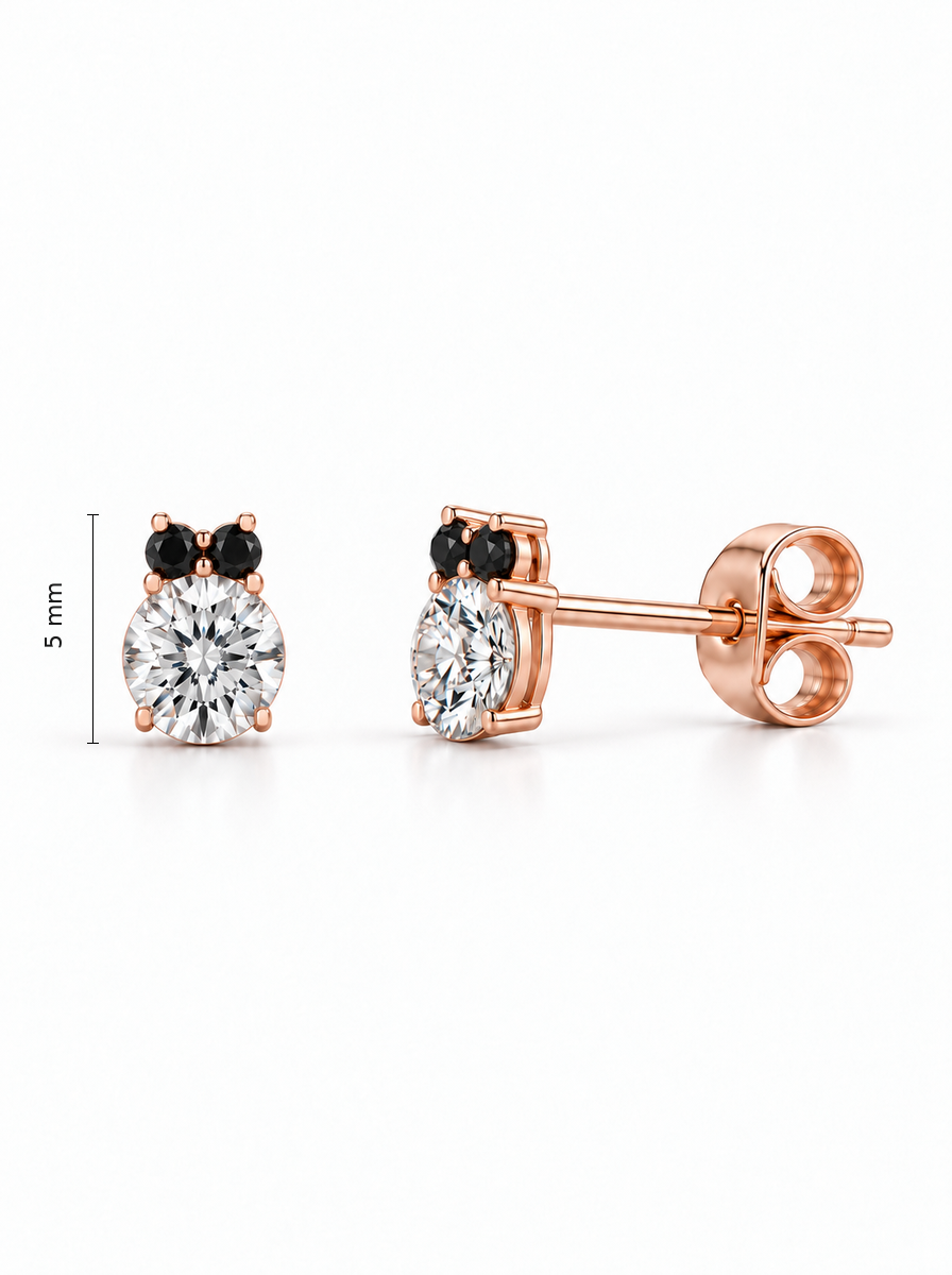 Auksiniai auskarai su cirkoniais – vinukai su juodais ir skaidriais cirkoniais – 5.0 mm aukštis