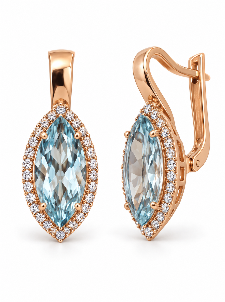 Auksiniai kabantys auskarai su žydrais cirkoniais
