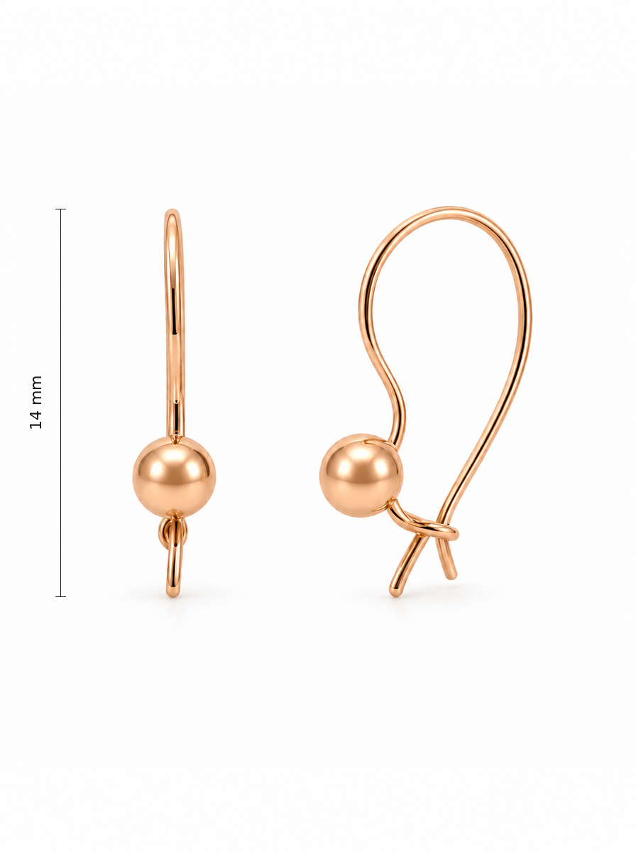 Raudono aukso auskarai kabliukai su rutuliukais – 14 mm aukštis