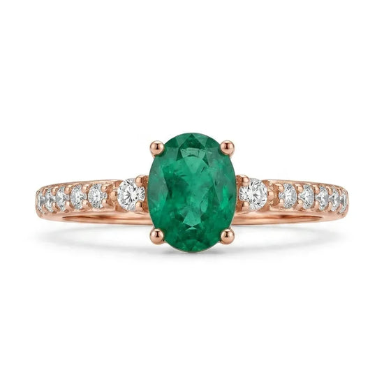 585 rausvo aukso žiedas su 0,44 ct smaragdu ir briliantais